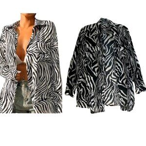 Tabi Vintage Zebra Cotton Roll Tab Sleeve Safari Shirt Pocket Lightweight Slit M